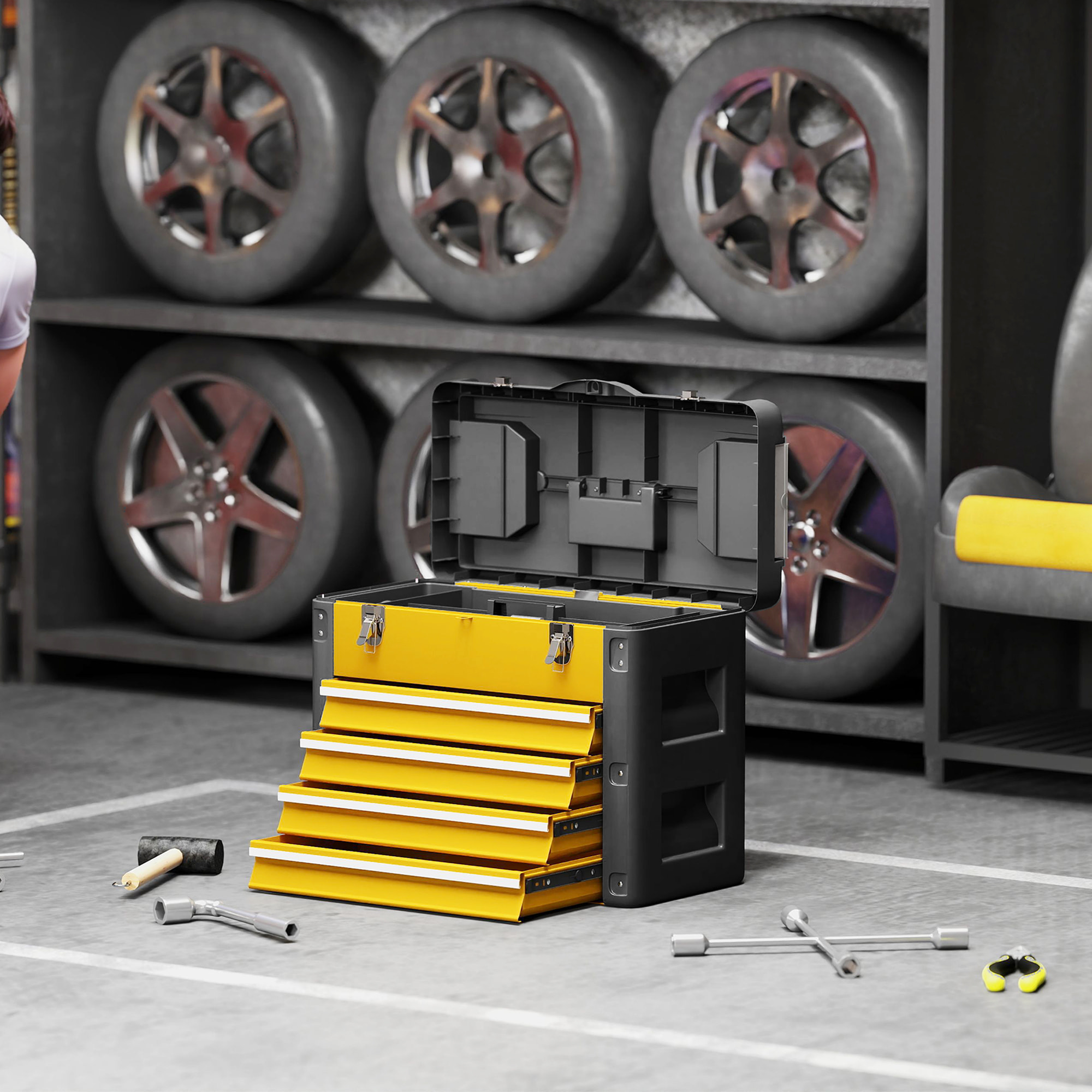 Boîte à outils 4 tiroirs plateau amovible 2 boites visserie acier PP noir jaune