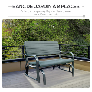 Banc à bascule de jardin 2 places - accoudoirs, assise, dossier ergonomique - métal époxy HDPE effet grain bois vert fougère