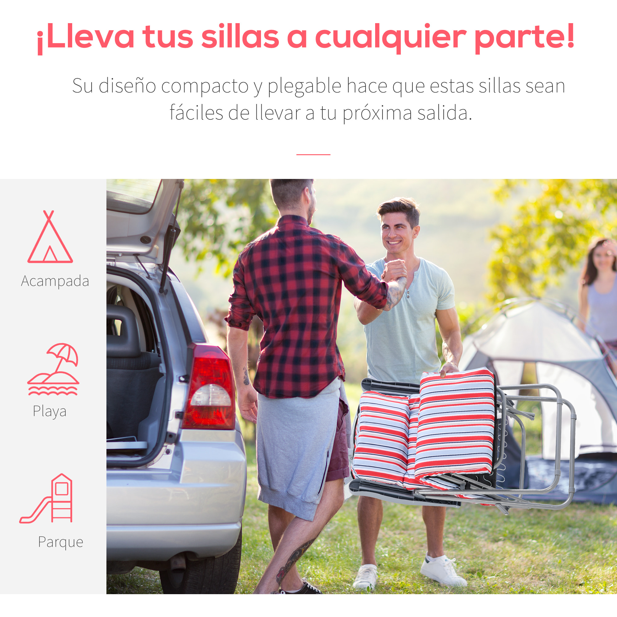 Pack de 2 Tumbonas Plegables Tumbonas de Jardín Exterior con Cojín Acolchado, Respaldo Ajustable en 5 Posiciones, Reposapiés y Marco de Acero, 60x75x65-102 cm, Rayas Rojo