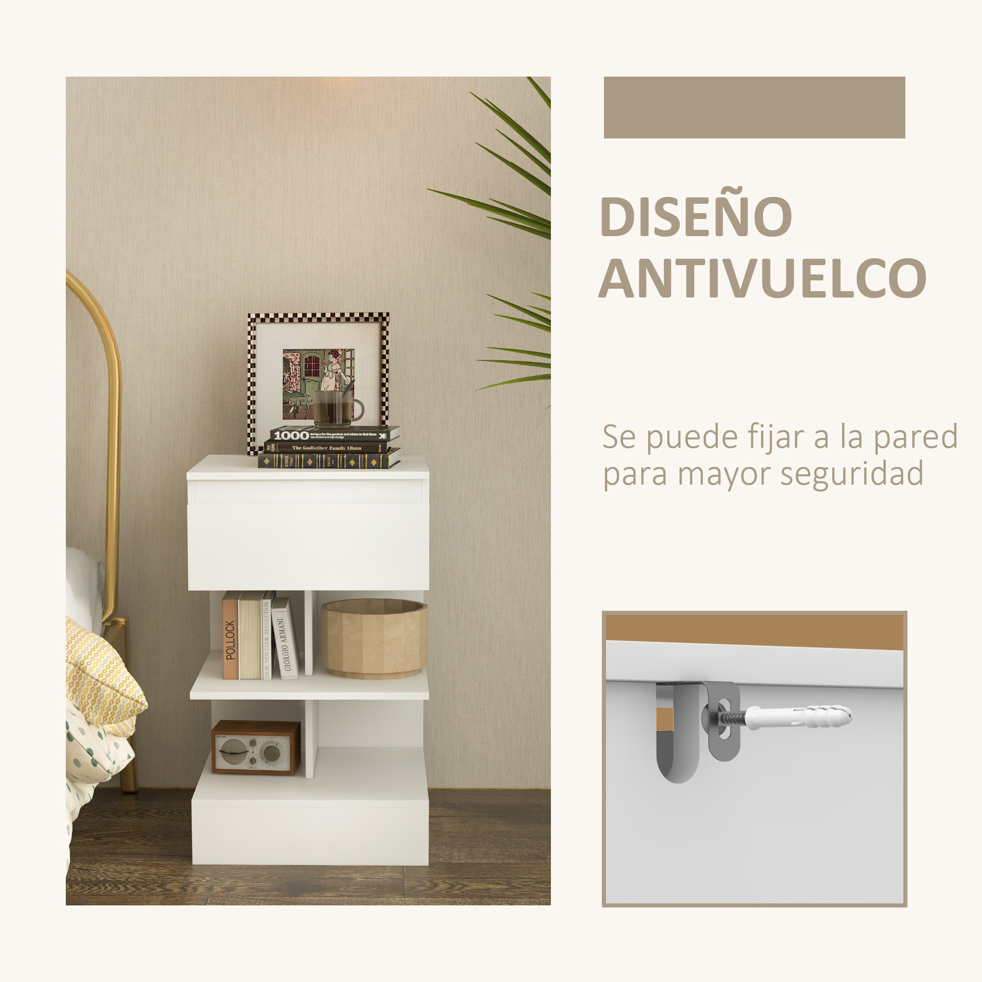 Mesita de Noche Mesa Auxiliar con Cajón y 2 Estantes Abiertas para Dormitorio Salón Cama Oficina Estilo Moderno 39x39x65 cm Blanco