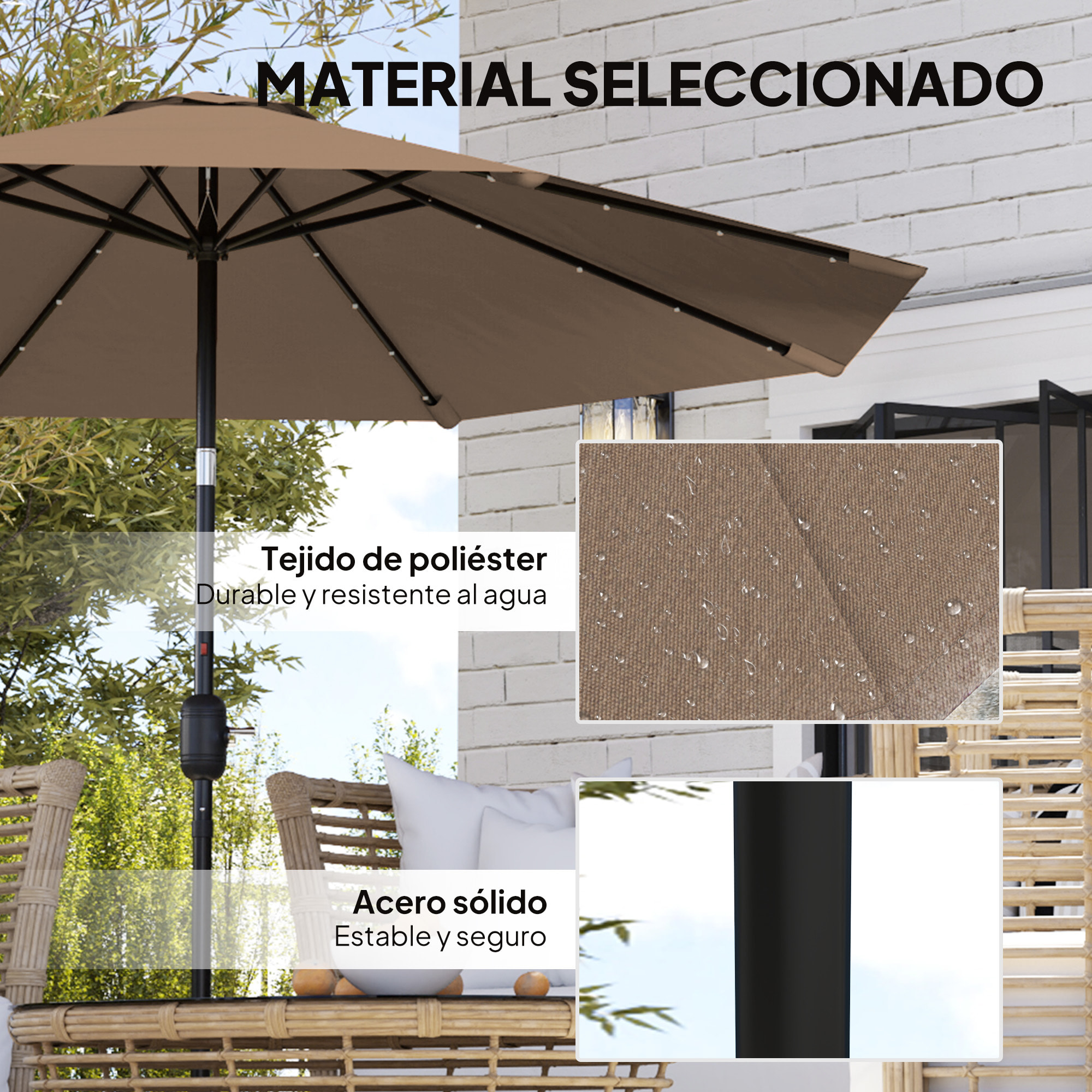 Sombrilla Terraza Exterior, Ø265 cm, Sombrilla de Jardín con 32 Luces LED Solares, Poste de Acero y Manivela de Parasol Inclinable, para Patio, Terraza, Caqui