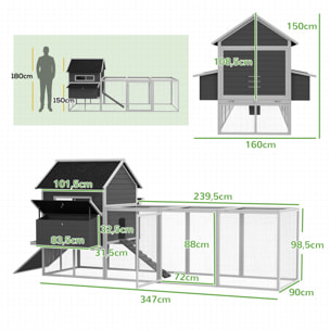 Gallinero para Exterior Gallinero de Madera Jaula Grande para 8-10 Gallinas con 2 Ponederos Techo Asfáltico Bandeja Extraíble y Rampa 347x160x150 cm Gris y Blanco