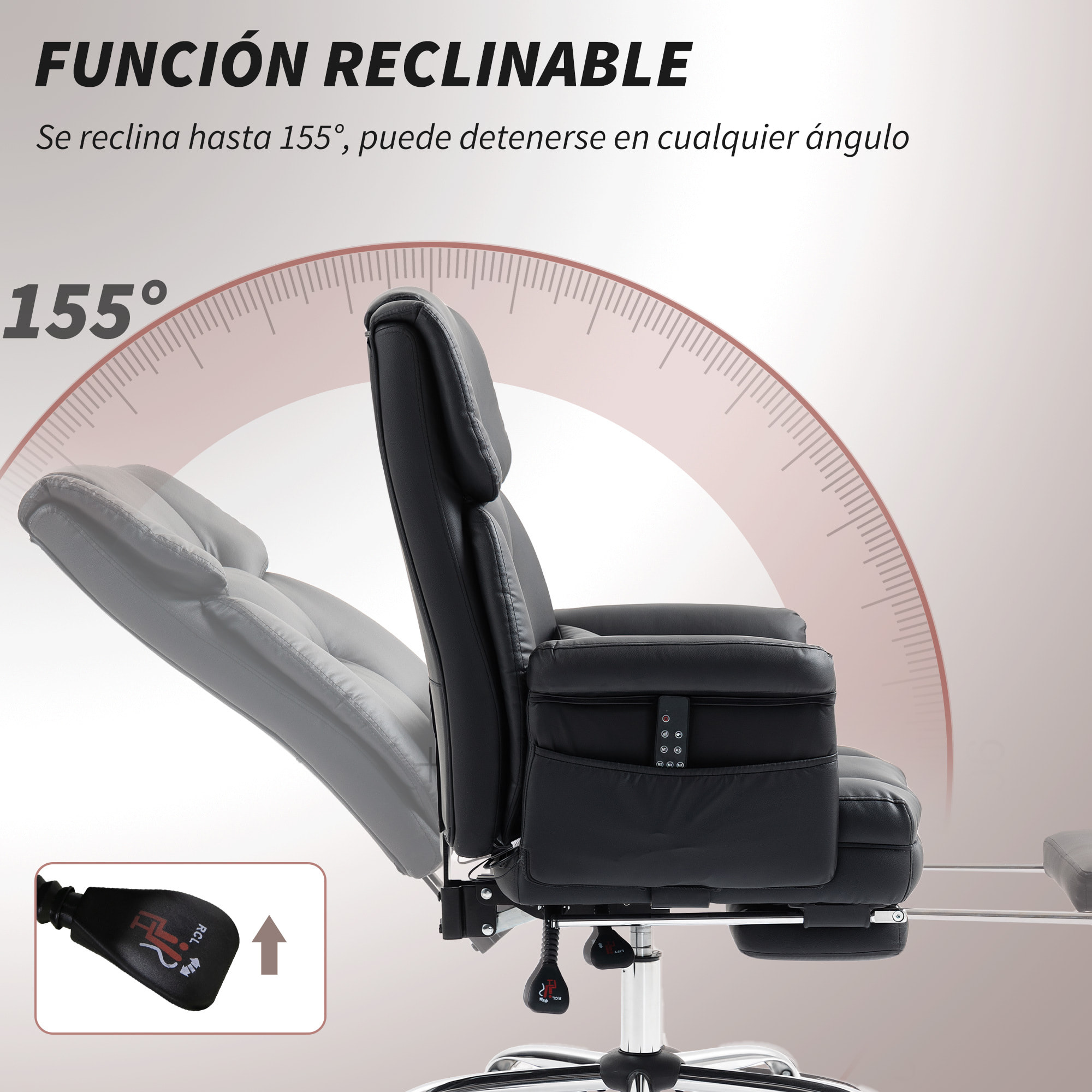 Silla de Oficina con 6 Puntos de Masaje Silla de Masaje Giratoria Silla de Escritorio con Reposapiés Retráctil Altura Ajustable Control Remoto y Soporte Lumbar Tejido de PU Negro