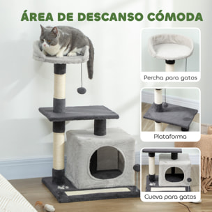 Árbol Rascador para Gatos, Árbol para Gatos 85 cm, Torre Escalador con Plataformas, Cueva, Postes Rascadores, Tapete de Sisal, Bolas, Gris Claro y Negro