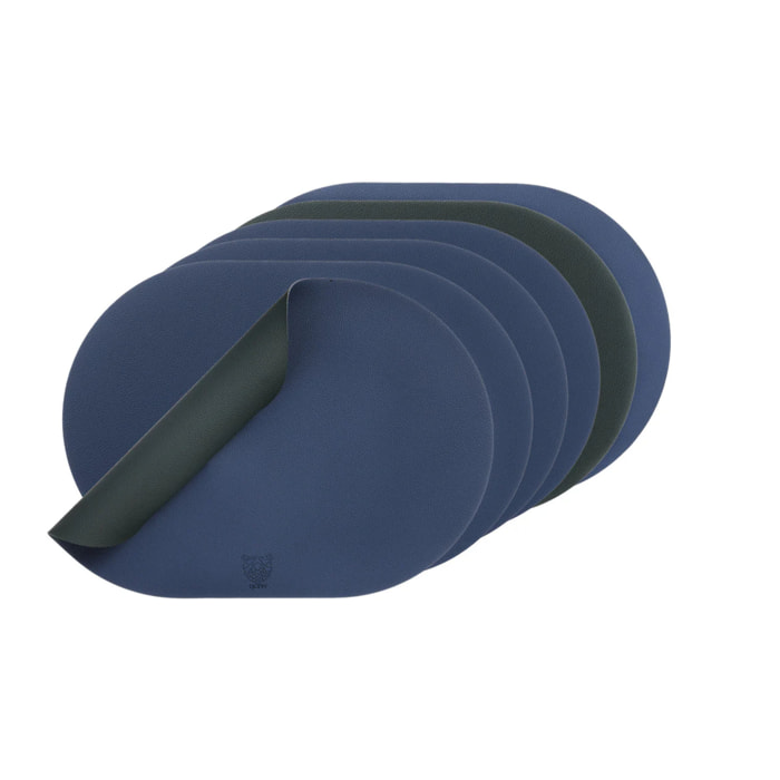 Set de table ovale réversible - 6 pièces - Cuir recyclé bleu nuit et gris anthracite