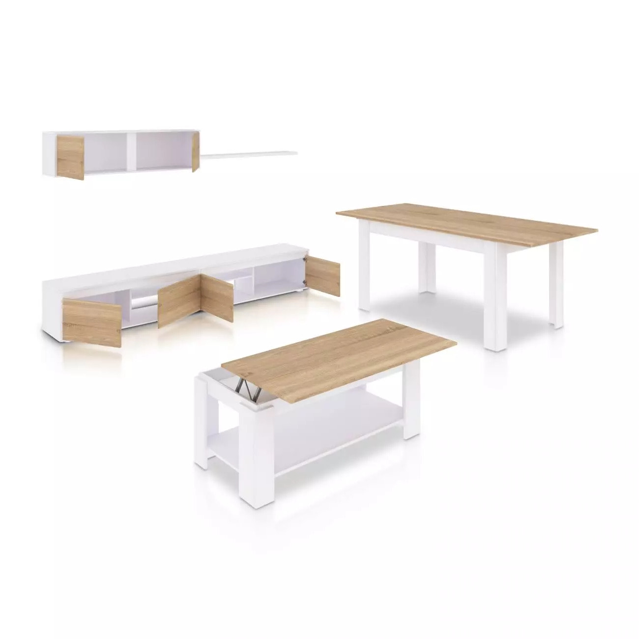 Pack salón con mesa de centro y mesa de comedor Arlet Max Blanco Artik (Blanco Mate) - Roble Canadian