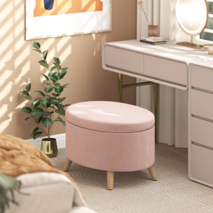 Puff Almacenaje Ovalado, Banco Almacenaje, 71x51,5x42 cm, Tapizado en Terciopelo, con Patas de Madera Maciza, Carga 120 kg, para Sala de Estar, Dormitorio, Entrada, Rosa Claro