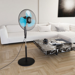 Ventilatore A Piantana Potente Da 50W Per Pavimento Pale Da 40 Cm Silenzioso 3 Velocità Oscillante Altezza e Inclinazione Regolabili Nero E Azzurro