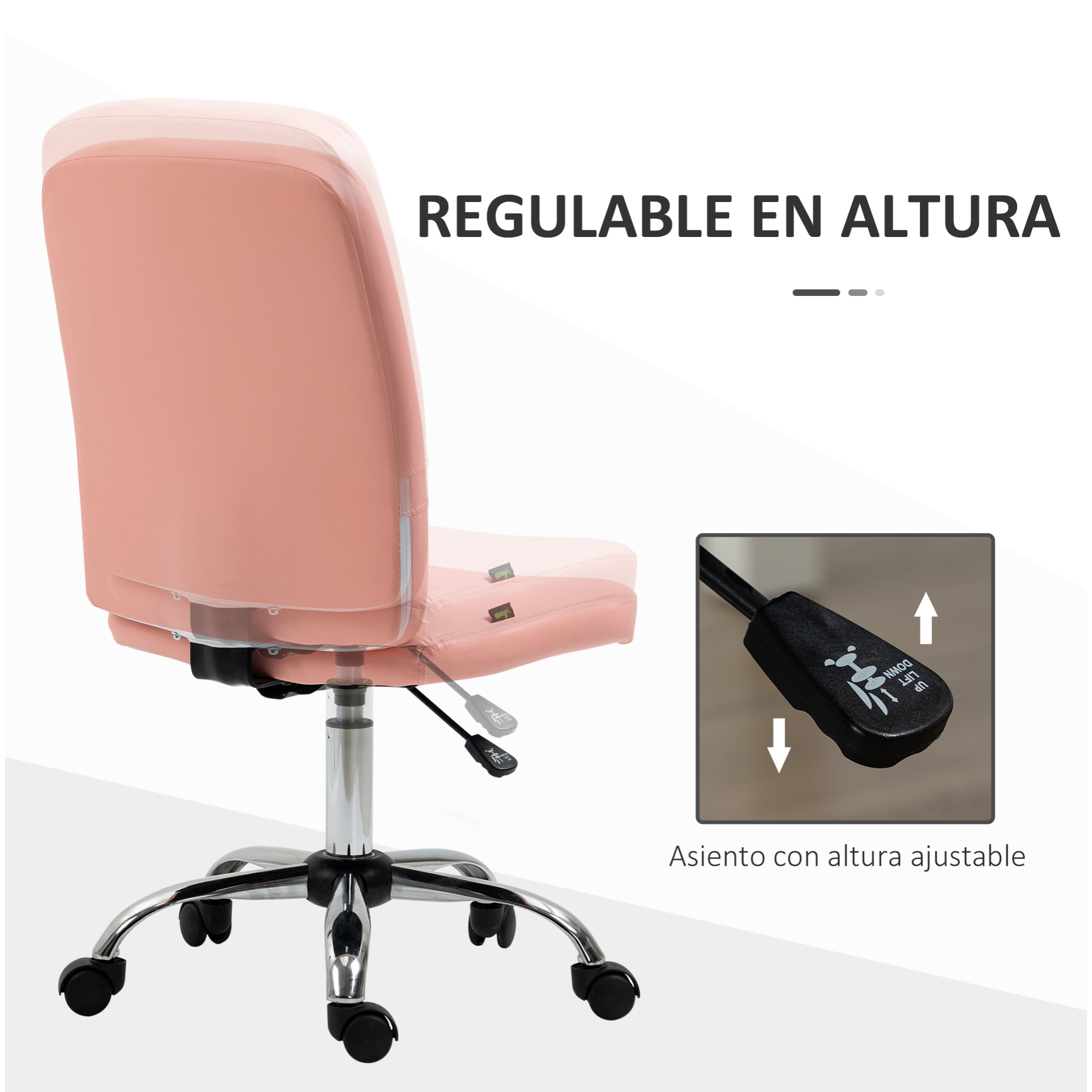 Silla de Oficina sin Brazos Silla de Escritorio Giratorio de Piel Sintética con Altura Ajustable Estilo Moderno Carga 120 kg 45x59x90-100 cm Rosa