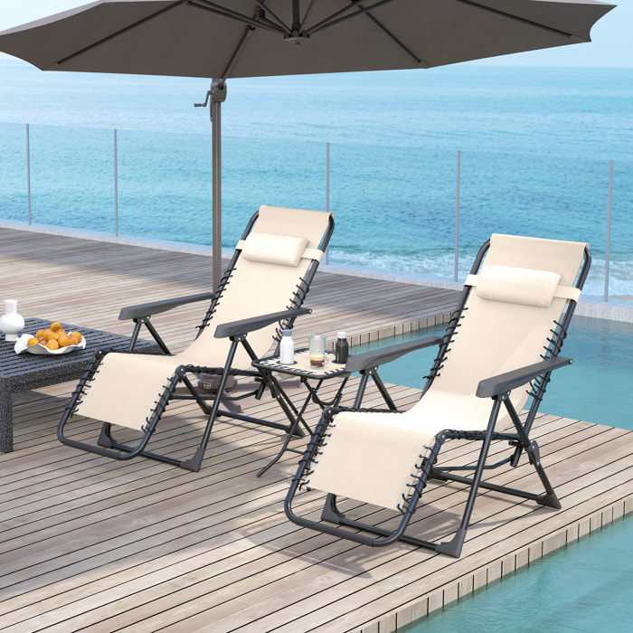 Set de 2 Tumbonas Jardín Exterior Plegables con Mesa Auxiliar Portavasos Tumbonas de Gravedad Cero con Respaldo Ajustable Reposabrazos Extraíble para Patio Piscina Terraza Exterior Beige