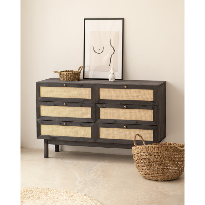 Commode en bois massif et raphia avec six tiroirs en noir 76x120cm Hauteur: 76 Longueur: 120 Largeur: 42