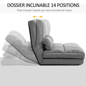 Chauffeuse - matelas d'appoint pliant - fauteuil convertible - inclinaison dossier réglable 14 positions - 2 coussins inclus - polyester aspect suédé gris