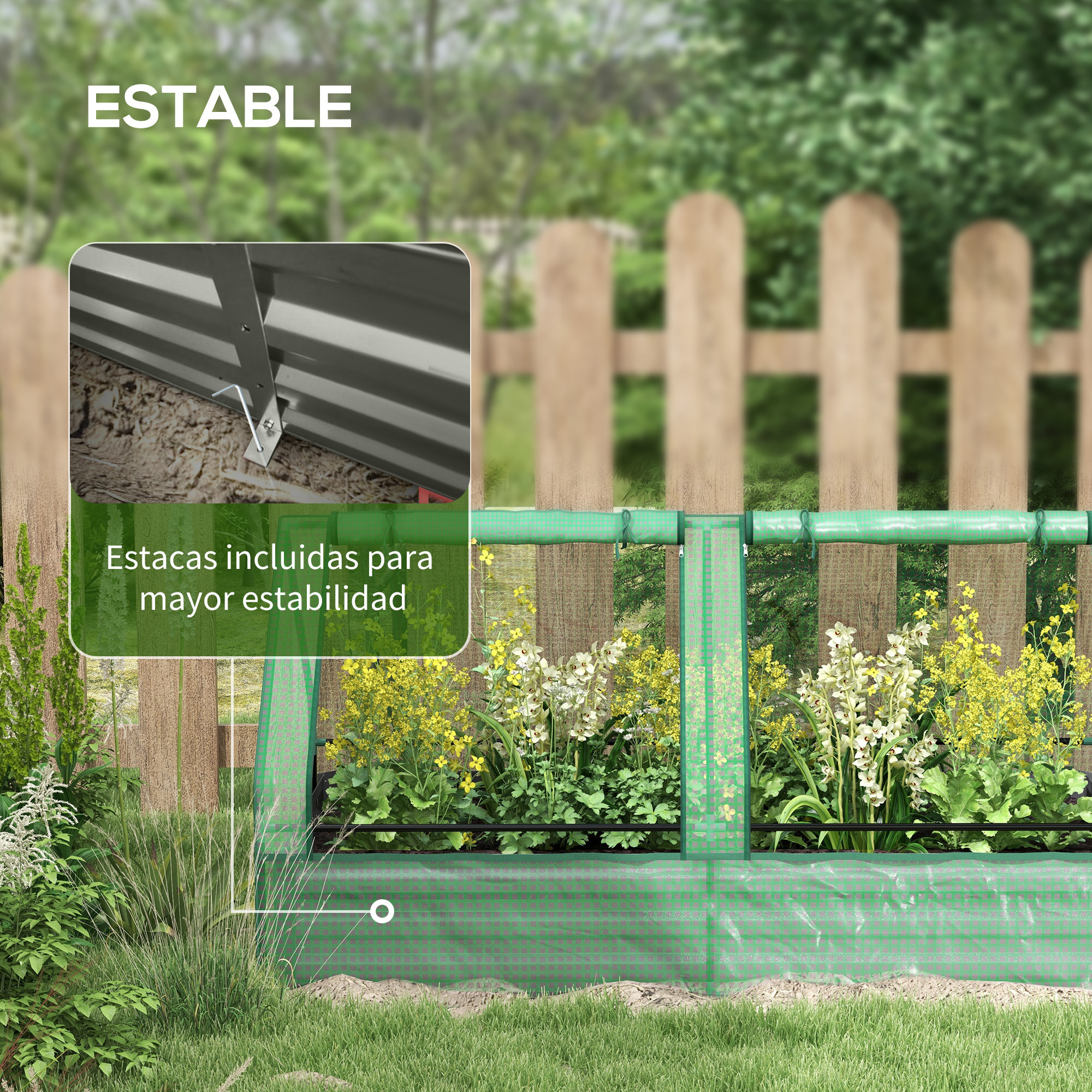 Jardinera Exterior Grande con Mini Invernadero, Huerto Urbano de Acero Galvanizado con Base Abierta, Resistente a la Intemperie, para Patio, Terraza, Balcón, 185x95x92 cm, Gris y Verde