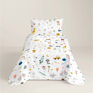 Juego de Sábanas Estampadas - Infantil - Incluye 1 Funda de Almohada - 100% Algodón - Veo Veo Reverso