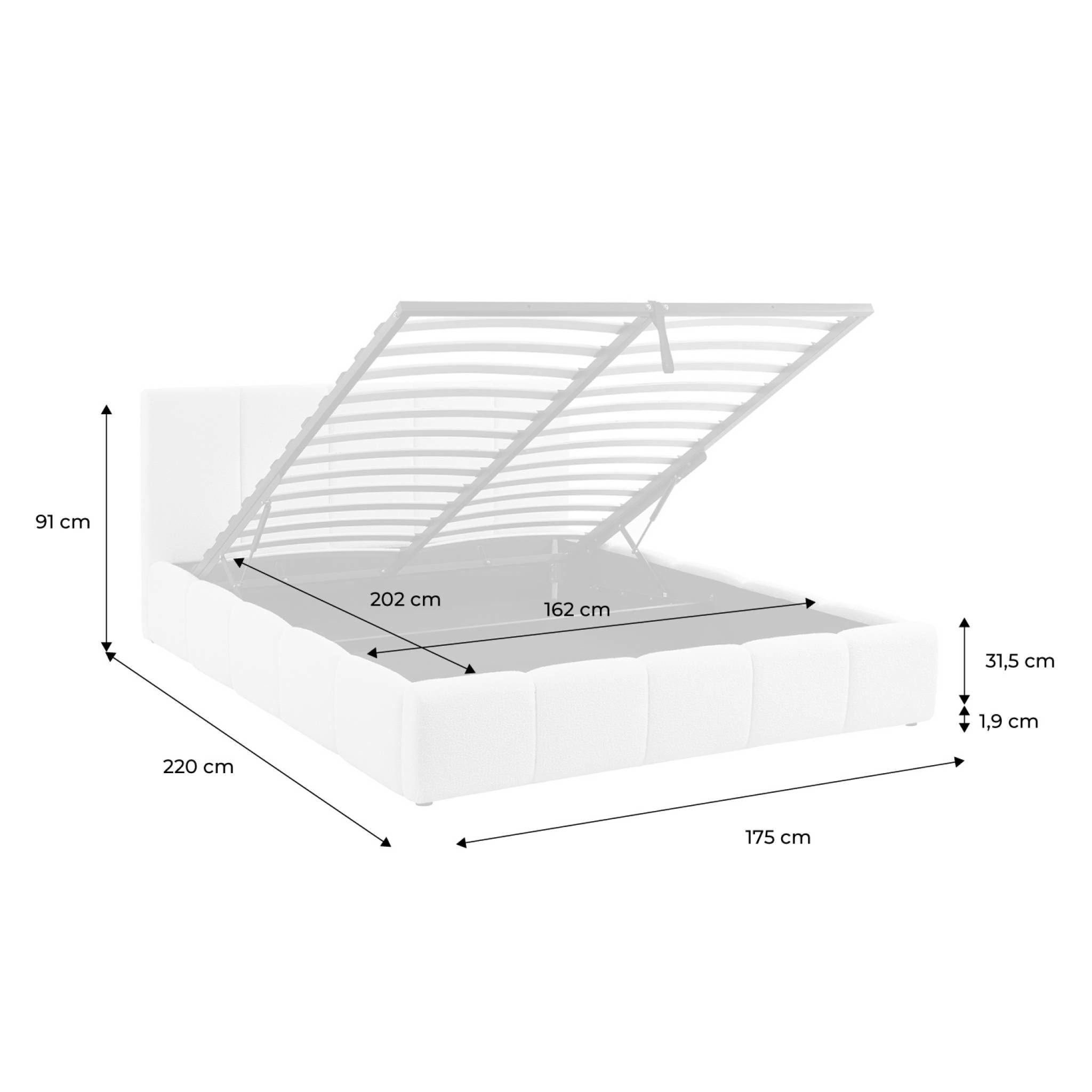 Lit coffre double avec sommier à lattes et tête de lit kaki 160 x 200 cm bouclette texturée - Lex