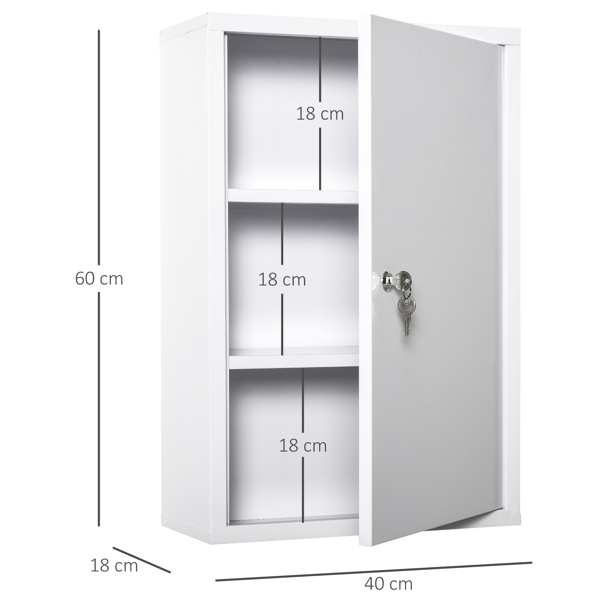 Armoire à pharmacie 2 étagères 3 niveaux verrouillable dim. 40L x 18l x 60H cm 2 clés métal blanc