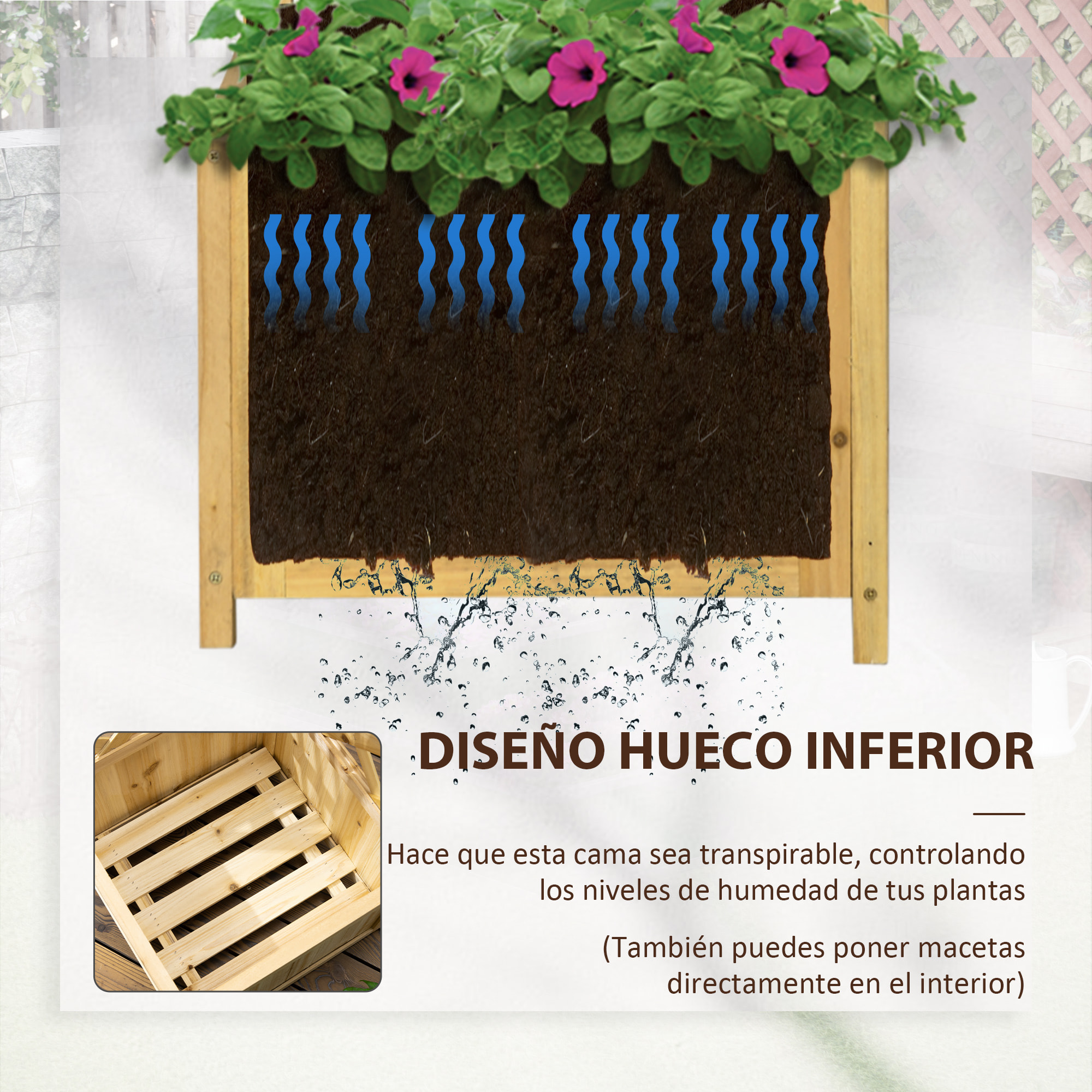 Jardinera con Enrejado de Madera Macetero Exterior para Esquina Jardinera Elevada para Plantas Trepadoras en Patio Terraza 40x40x145 cm Natural
