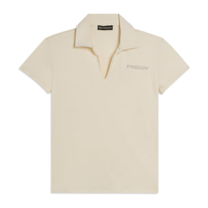 T-shirt Manica Corta con Scollo a V e Collo a Camicia