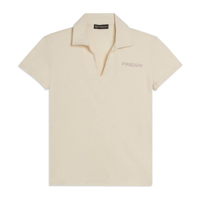 T-shirt Manica Corta con Scollo a V e Collo a Camicia