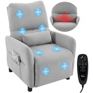 Sillón de Masaje, Sillón Relax Reclinable Manual con 8 Puntos Masaje, Calor Lumbar, Mando a Distancia, Asiento con Muelles, Reposapiés, Cojín Lumbar, Bolsillos Laterales, Tejido de Rizo, Gris