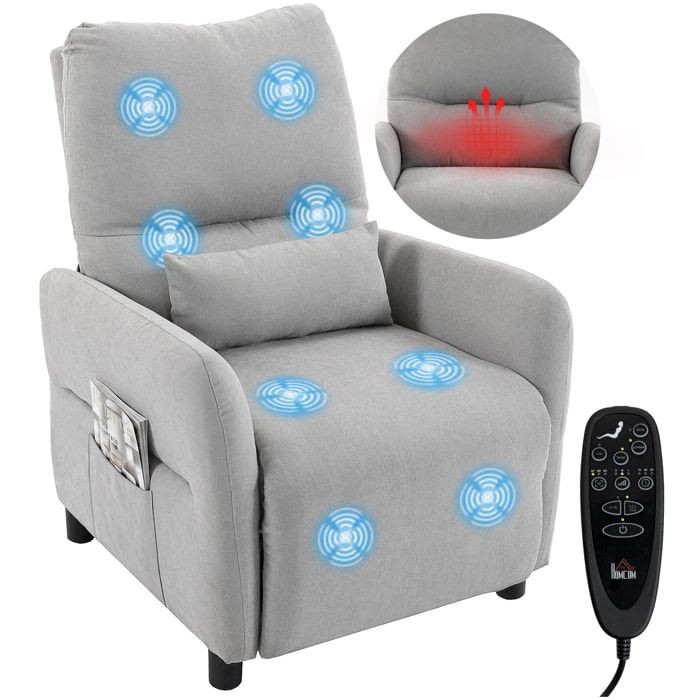 Sillón de Masaje, Sillón Relax Reclinable Manual con 8 Puntos Masaje, Calor Lumbar, Mando a Distancia, Asiento con Muelles, Reposapiés, Cojín Lumbar, Bolsillos Laterales, Tejido de Rizo, Gris