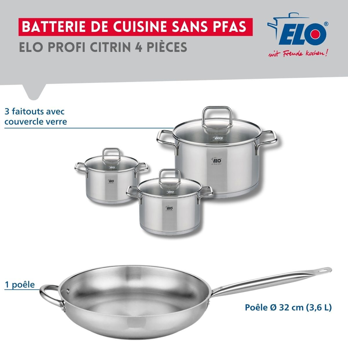 Ensemble de 1 Poêle de cuisson 32 cm et 3 faitouts Elo Profi Citrin