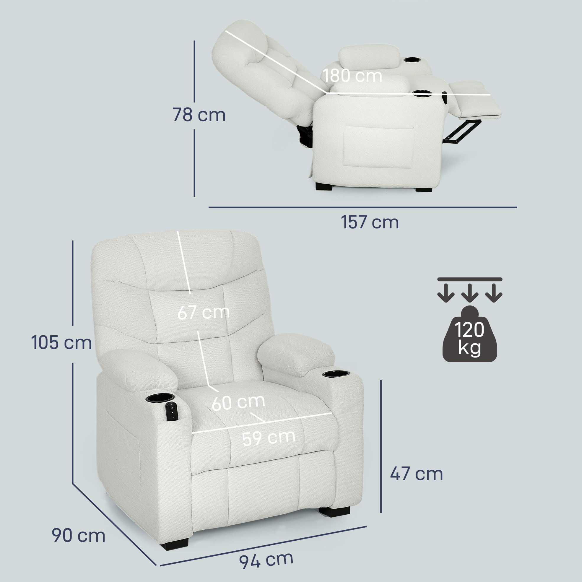 Sillón Relax Reclinable Eléctrico, Sillón Reclinable Silencioso con Función Memoria, Reposapiés, Mando a Distancia, Bolsillos Laterales, Portavasos y Puerto USB, para Dormitorio, Salón, Crema