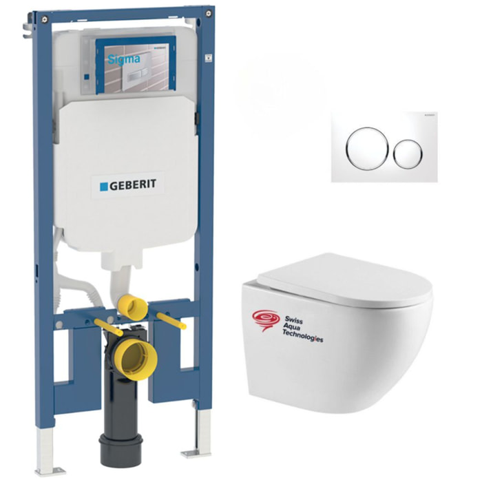 Pack WC Bati-support Geberit extra-plat + WC sans bride Swiss Aqua Technologies + Plaque