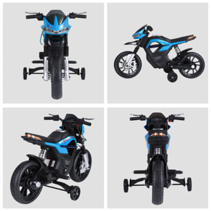 Moto électrique pour enfants 25 W 6 V 3 Km/h effets lumineux et sonores roulettes amovibles bleu