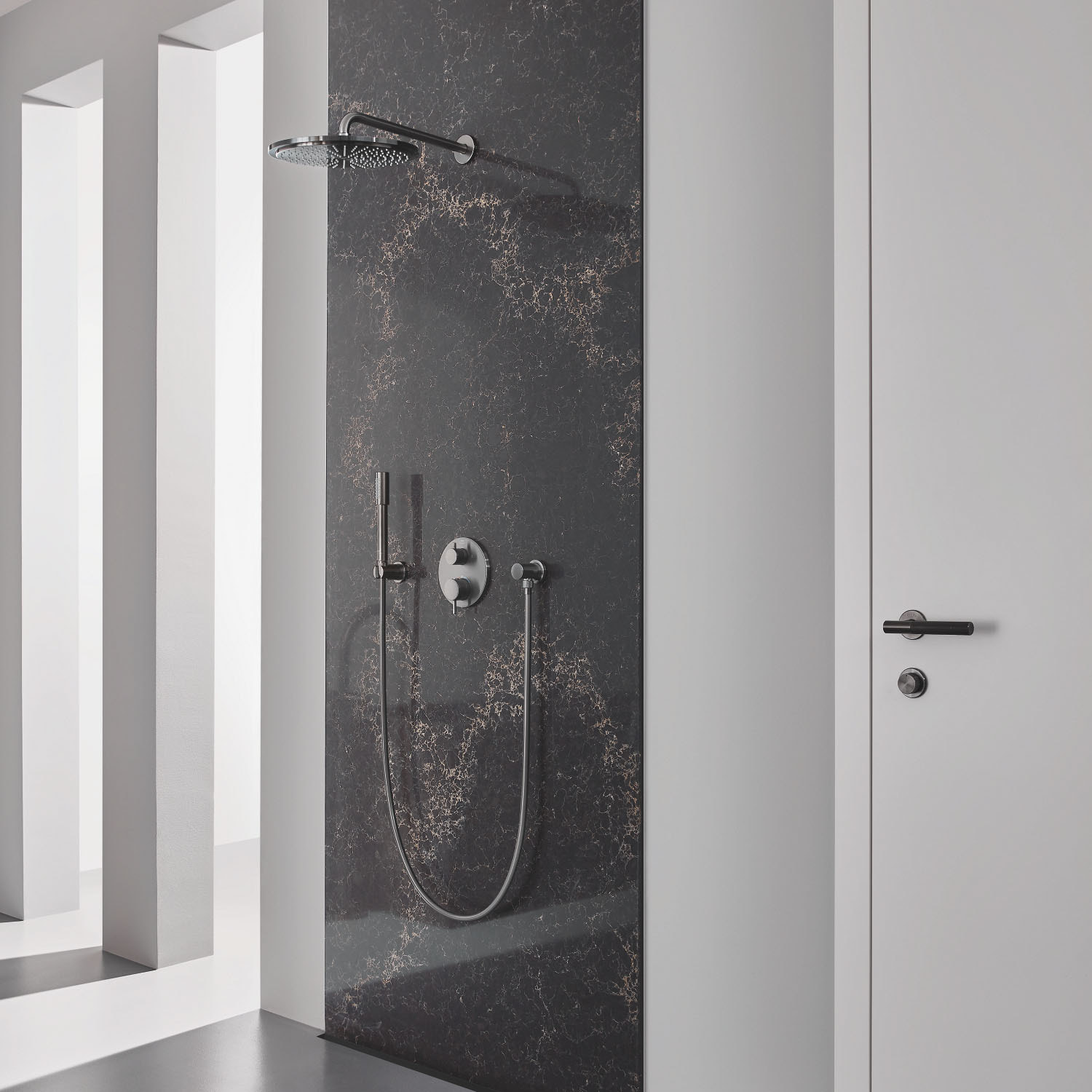 Ensemble douche de tête et bras plafond 142 mm, 1 jet - Hard Graphite brossé