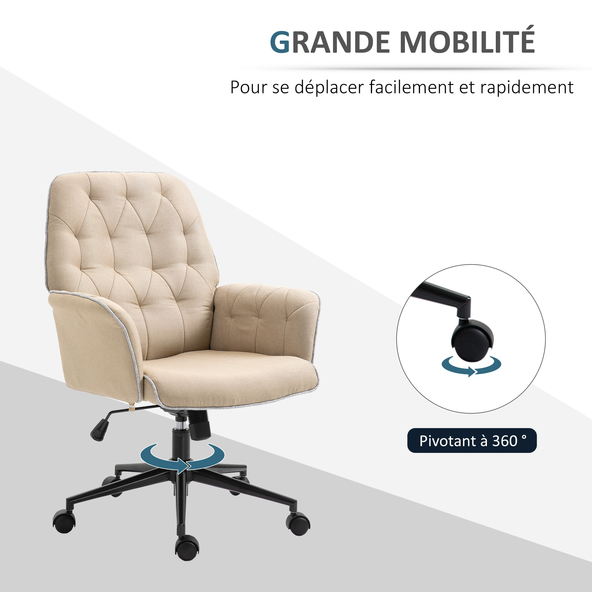 Fauteuil de bureau chaise de bureau hauteur réglable roulettes pivotant 360° tissu chanvre 69L x 66l x 89,5-97H cm beige