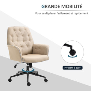 Fauteuil de bureau chaise de bureau hauteur réglable roulettes pivotant 360° tissu chanvre 69L x 66l x 89,5-97H cm beige