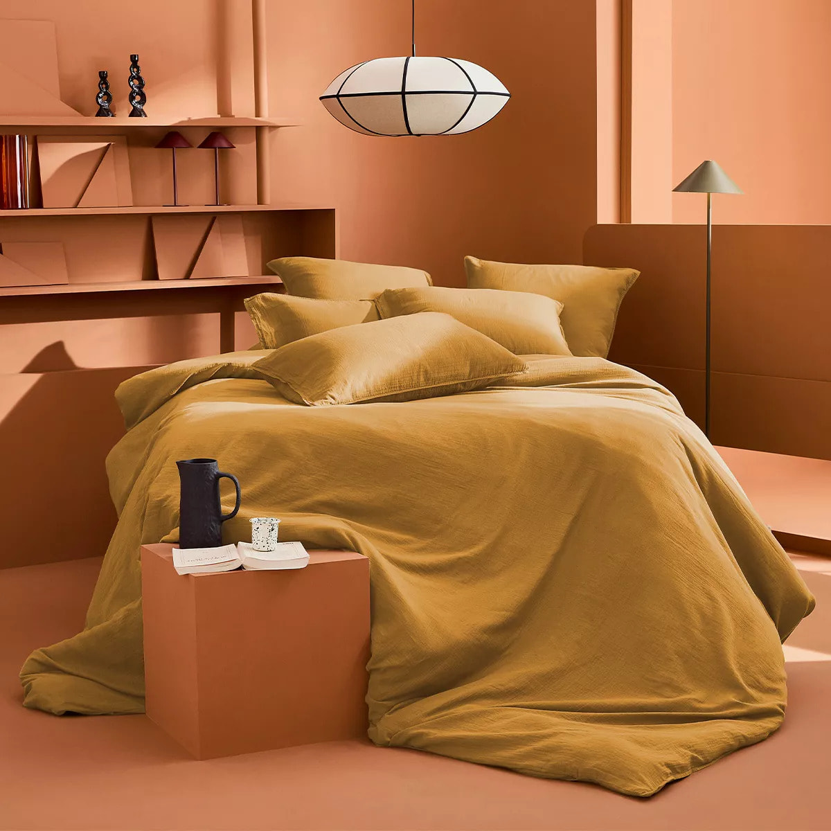 Housse de couette gaze de coton lavé uni jaune Malia curry