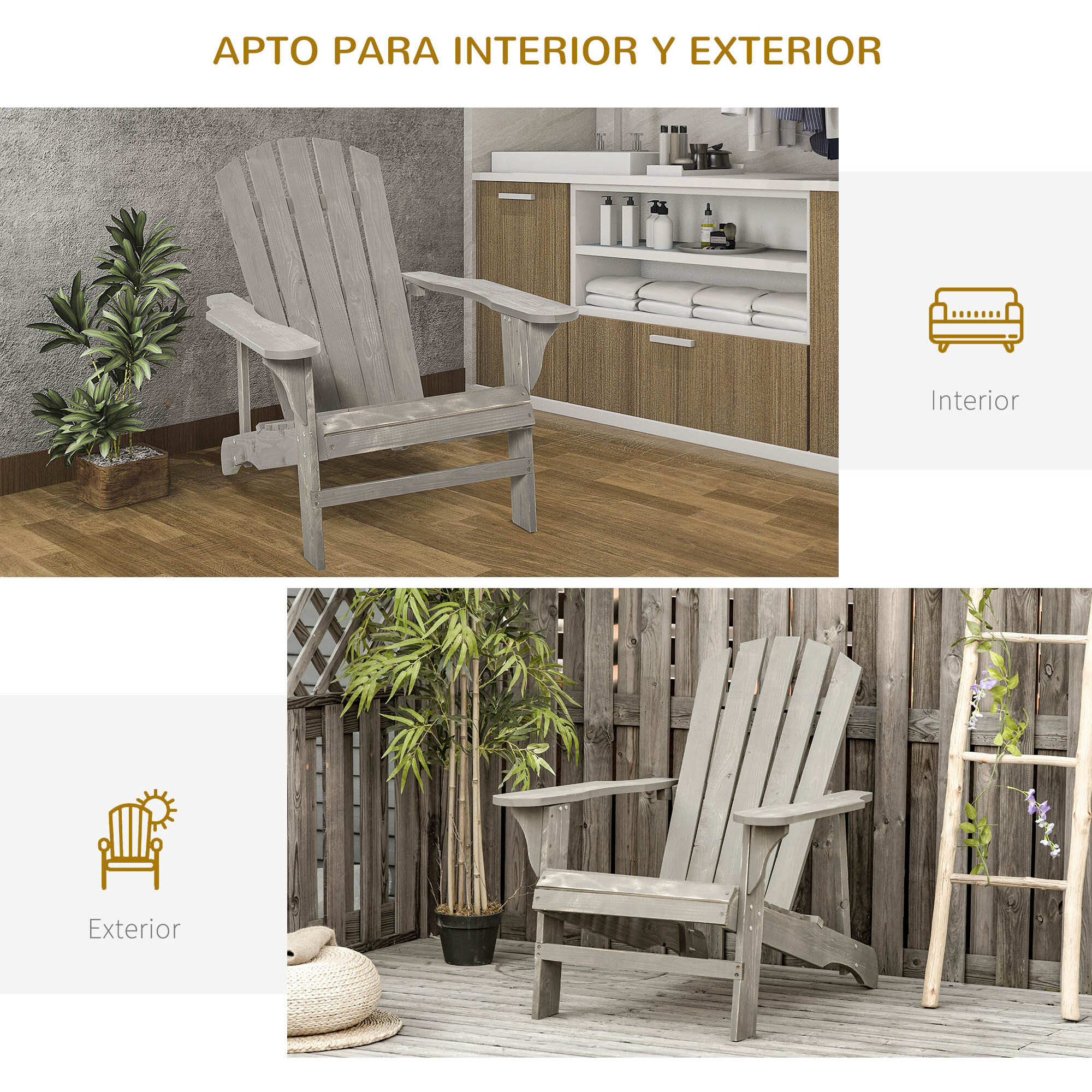 Silla Adirondack de Madera Silla de Jardín con Asiento Extra Ancho Carga 150 kg para Patio Terraza Balcón 78x89x88 cm Gris Claro