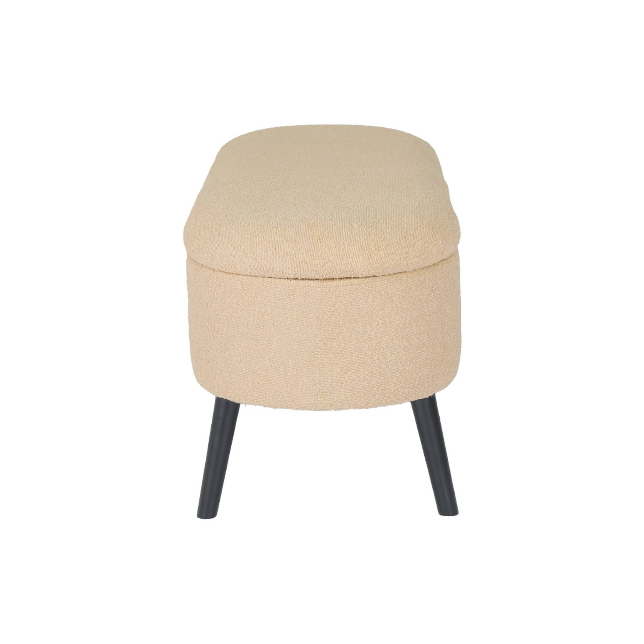 Banc coffre. bout de lit avec revêtement bouclette texturée. beige. pieds en bois noir. L 112 x 44 x 50cm