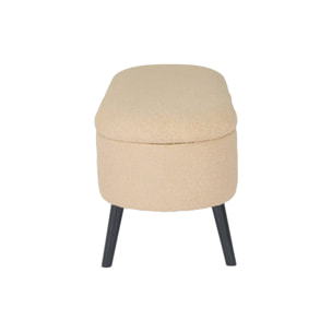 Banc coffre. bout de lit avec revêtement bouclette texturée. beige. pieds en bois noir. L 112 x 44 x 50cm