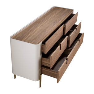 Cómoda con estructura de madera chapada en nogal natural y madera MDF lacada en beige y patas de acero inoxidable pulido en dorado 160x47x76cm