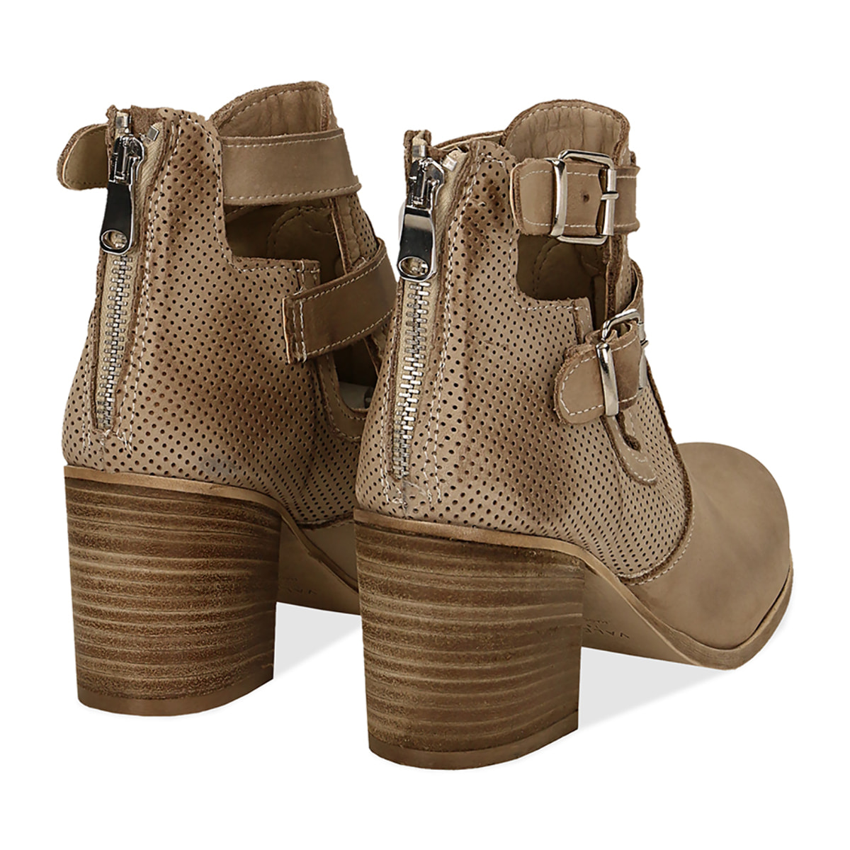 Ankle boots beige in nabuk con cinturini, tacco 7 cm