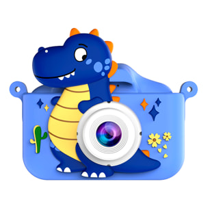Cámara infantil de fotos y video. 44mpx y video FHD, zoom digital 8x. Cámara trasera para selfies, juegos incorporados. Funda de silicona diseño dinosaurio.