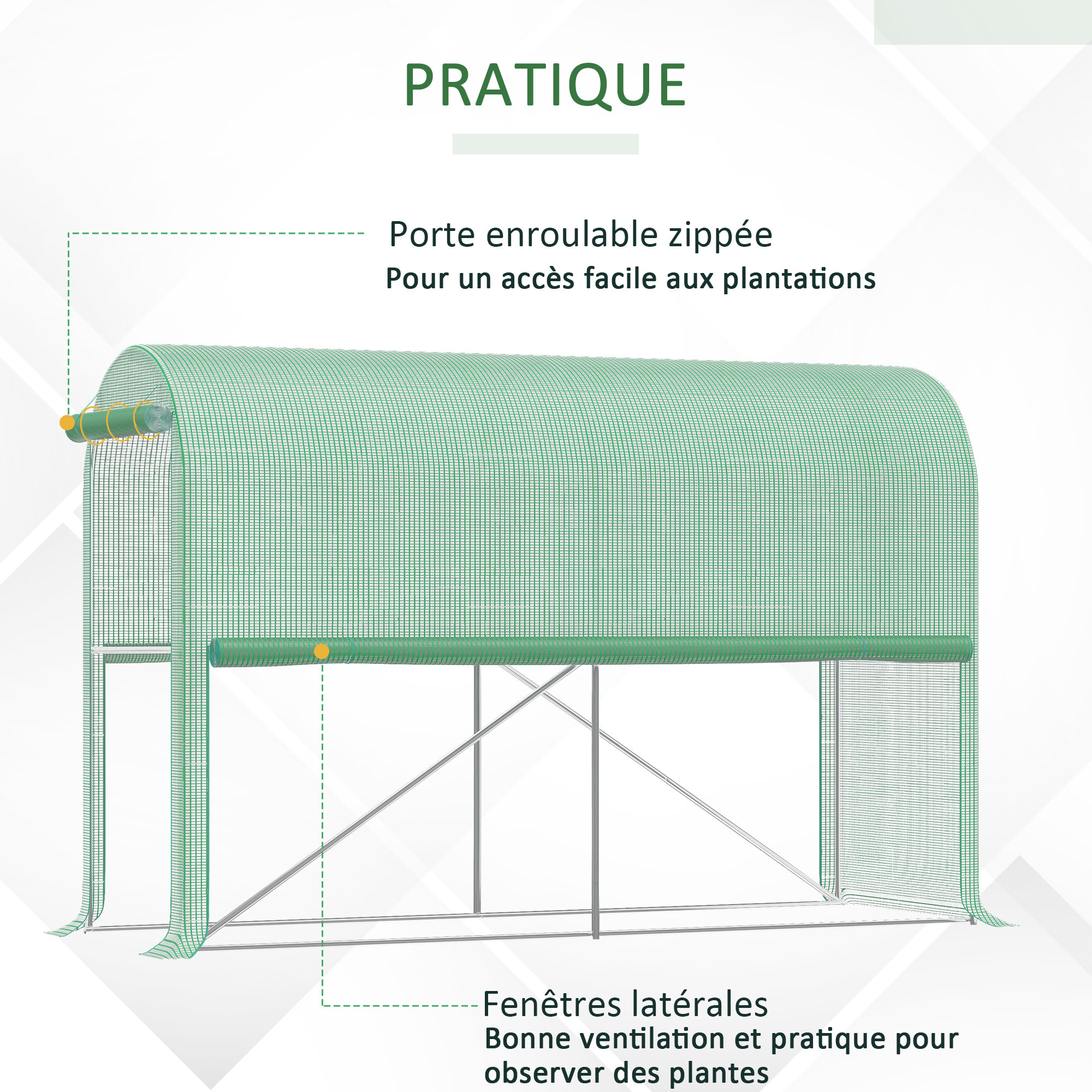 Serre de jardin serre à tomates dim. 3L x 1l x 2H m porte zippée déroulante 2 fenêtres latérales enroulables acier PE haute densité vert