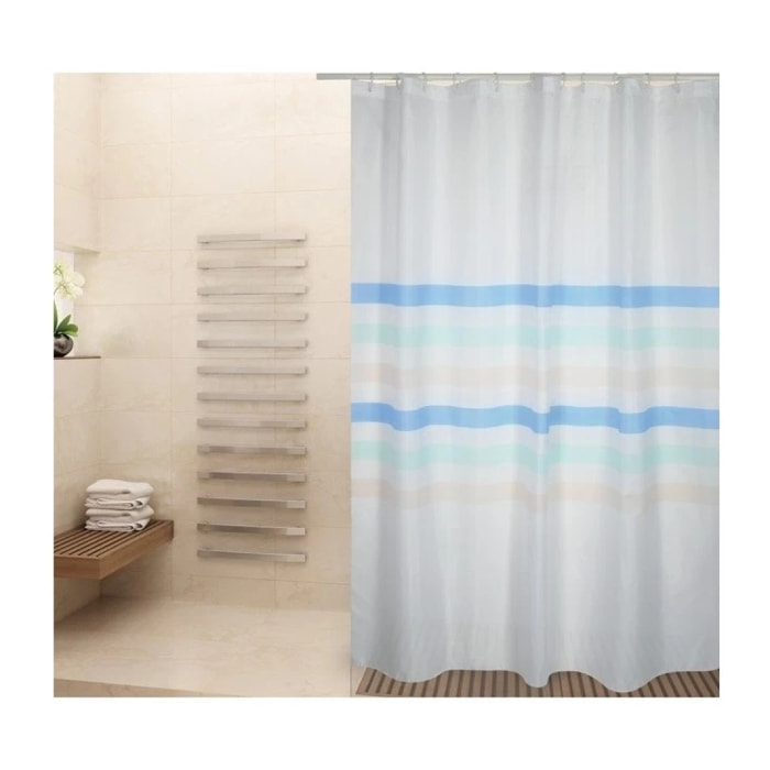 Rideau de douche Polyester SEAUVILLE PASTEL 180x200cm QUALITE PREMIUM Bleu & Blanc - Anneaux inclus MSV