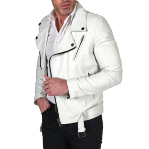 Chiodo biker in pelle bianca con cintura nappa effetto liscio