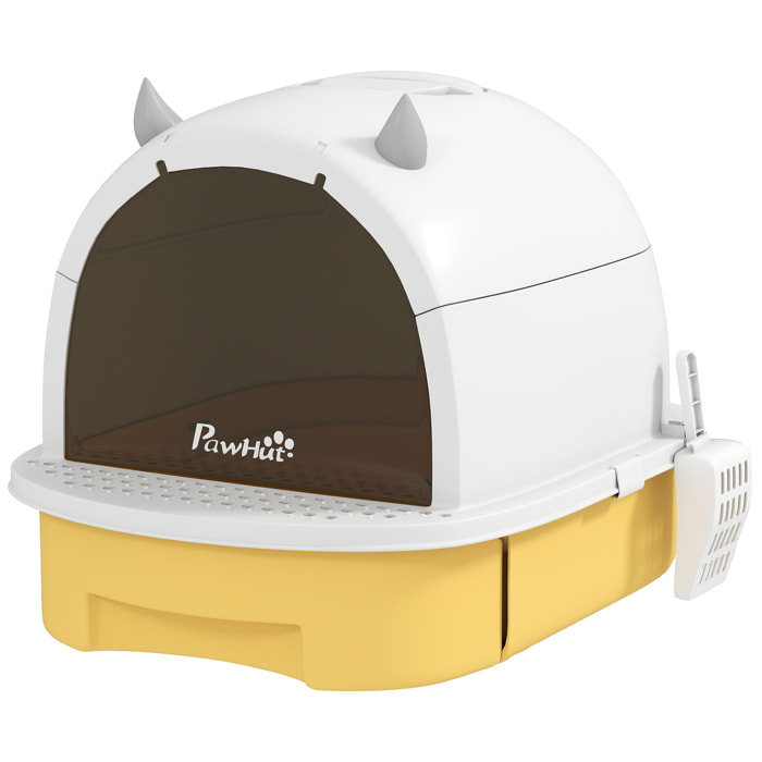 Maison de toilette chat design - porte fumée, pelle, 2 sacs désodorisation, tiroir litière coulissant, poignée - blanc jaune