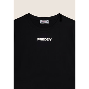 T-shirt con stampa MOV perlata e dettagli a contrasto