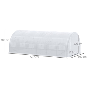 Serre de jardin tunnel 18 m² dim. 5,97L x 3,02l x 2H m - 12 fenêtres, porte zippée enroulable - châssis tubulaire acier galvanisé, bâche PE haute densité blanc