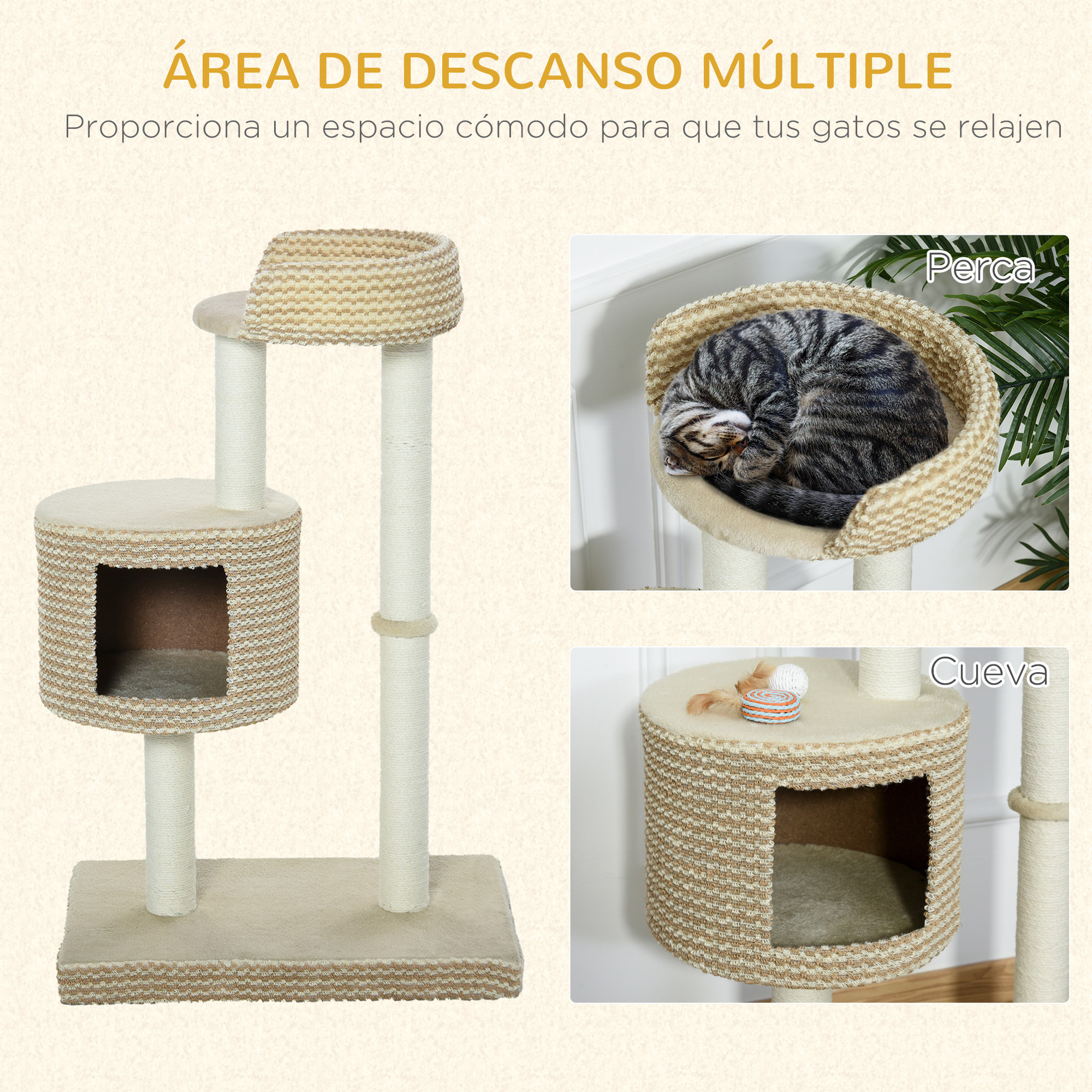 Árbol para Gatos de Felpa y Yute 61x41x96 cm Beige y Café