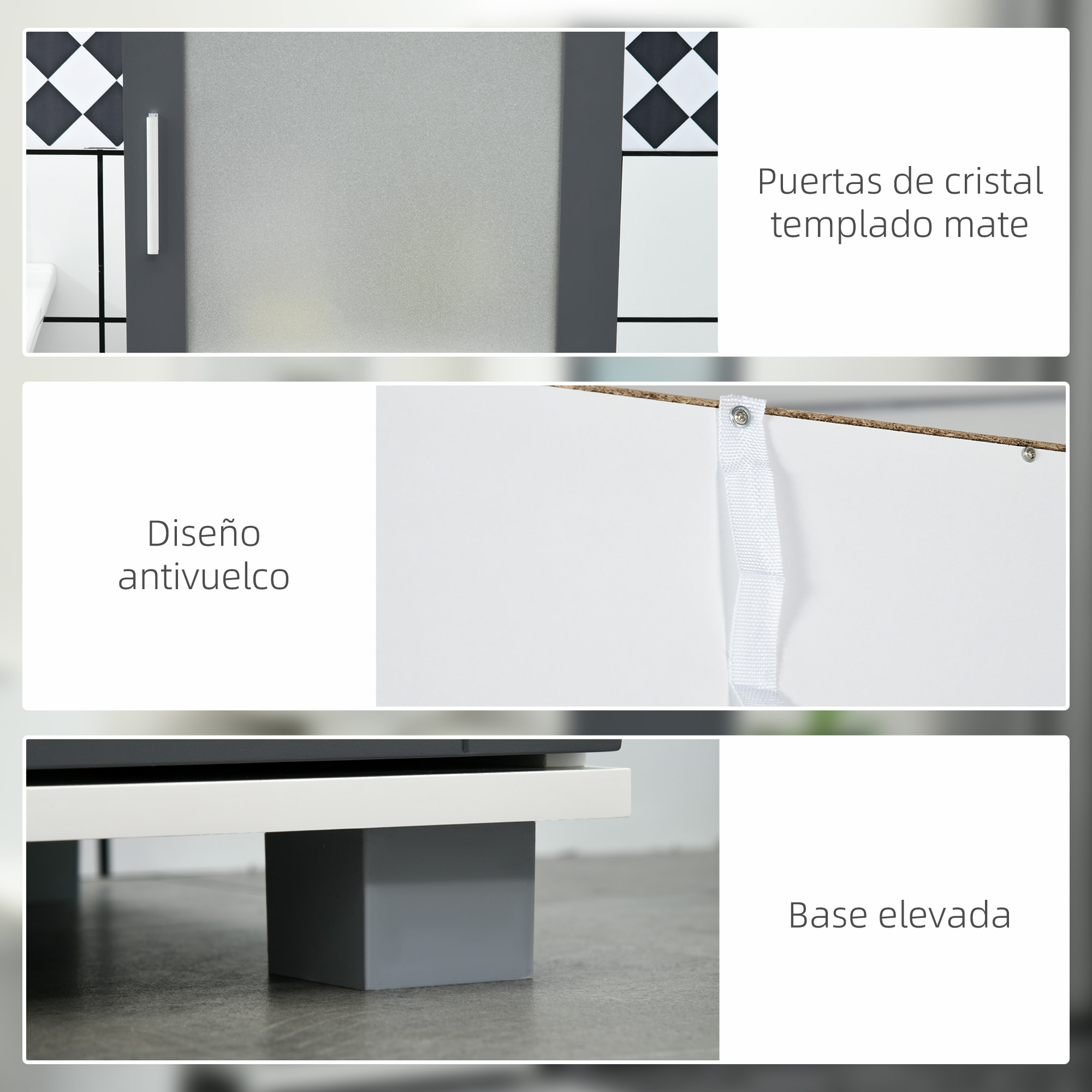 Armario Alto de Baño Mueble Columna de Baño con 2 Puertas de Vidrio Templado y Estantes Ajustables 37x35x190 cm Blanco y Gris