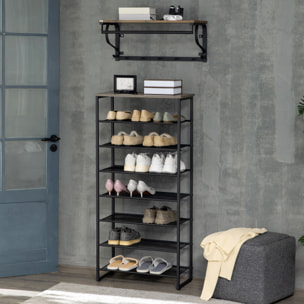 Etagère à chaussures 7 niveaux - rack à chaussures 7 étagères et plateau - acier noir aspect bois gris