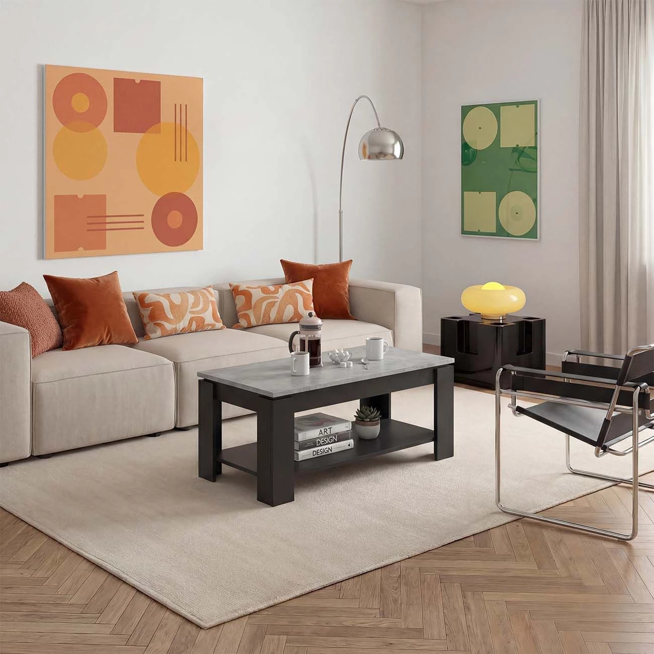 Mesa de centro elevable con almacenaje en negro mate y gris cemento 102x43-54 cm Lya Negro Mate - Gris Cemento