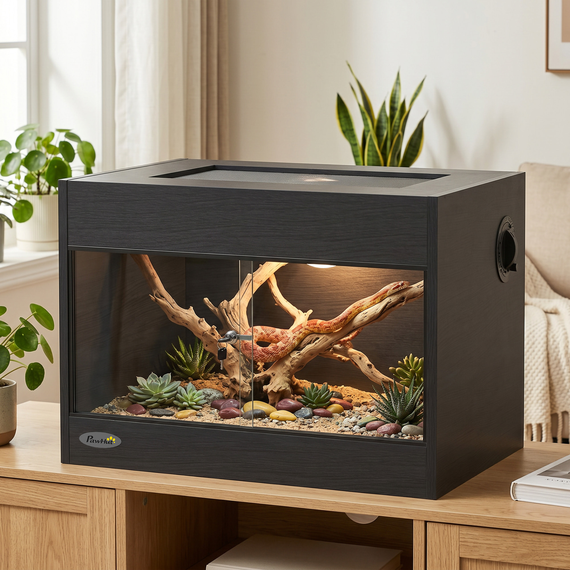 Terrarium design effet bois noir porte verre verrouillable 60x45x45cm